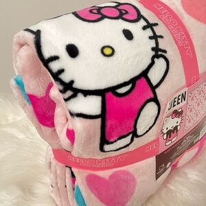 Hello Kitty Pink White Plush Throw Blanket with Hearts